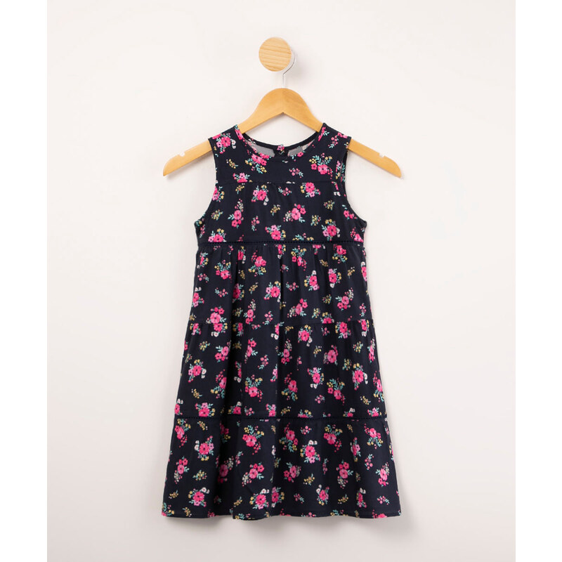 C&A vestido infantil em malha viscose estampa floral sem manga azul marinho