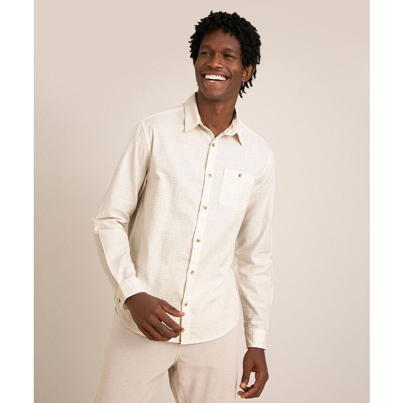 C&A camisa de algodão listrada com bolso manga longa bege