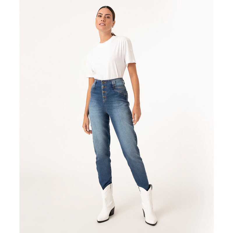 C&A calça mom jeans com botões sawary azul escuro