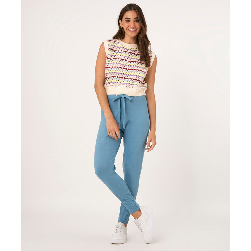 C&A Calça Carrot de Tricô com Amarração Cintura Média Azul Claro 