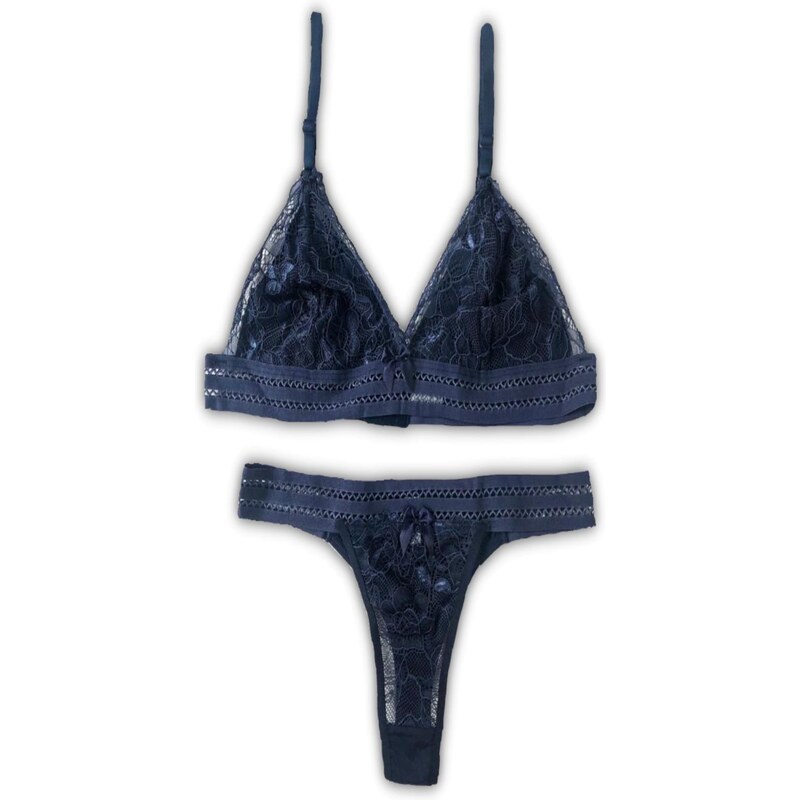 Conjunto Sutiã sem Bojo e Calcinha Fio Dental - Conjunto Lingerie - Renda  com detalhe no elástico - Belle Fascino Moda Íntima - AZUL MARINHO