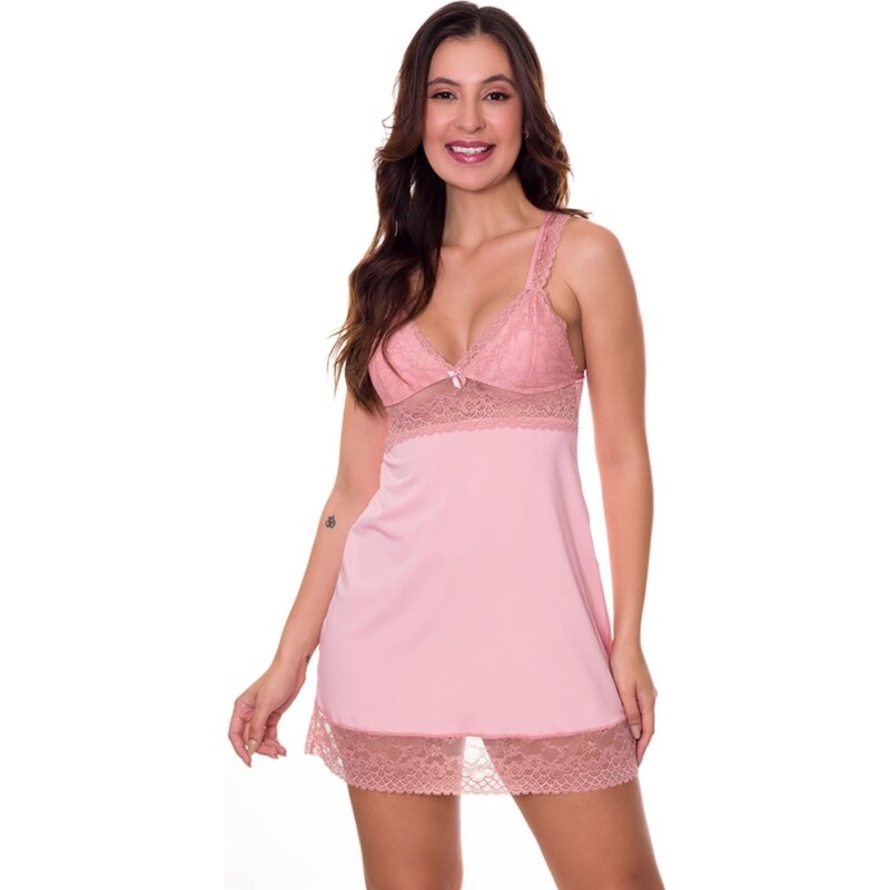 Camisola Sensual Rosa em Microfibra Renda Feminina Lingerie