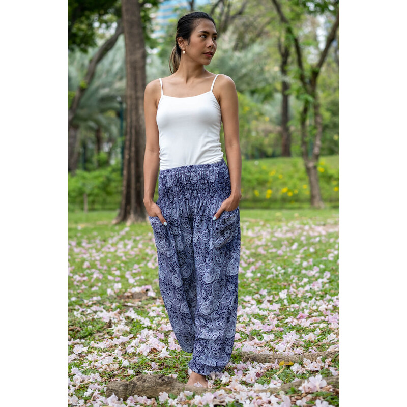 Calça Thai Calça de yoga de cós baixo azul real estampada em rayon