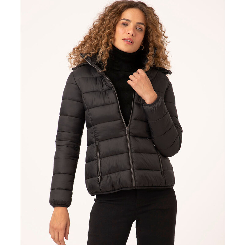 Jaqueta Puffer Nylon Capuz não Removível com Pelo Ecológico