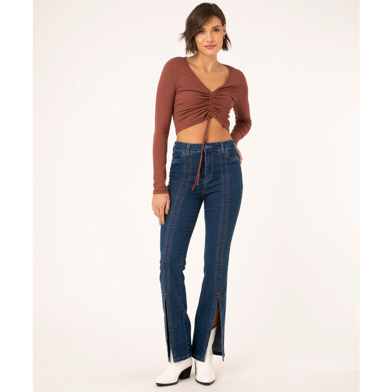 C&A calça jeans flare recortes cintura alta sawary azul médio