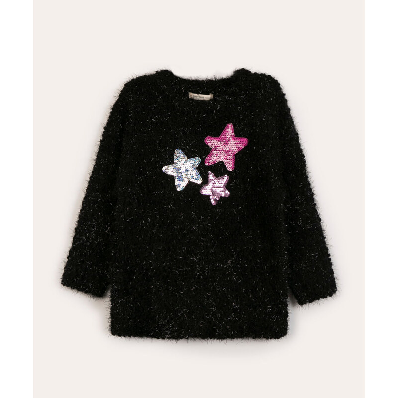 C&A suéter infantil de tricô felpudo com estrelas em paetê preta