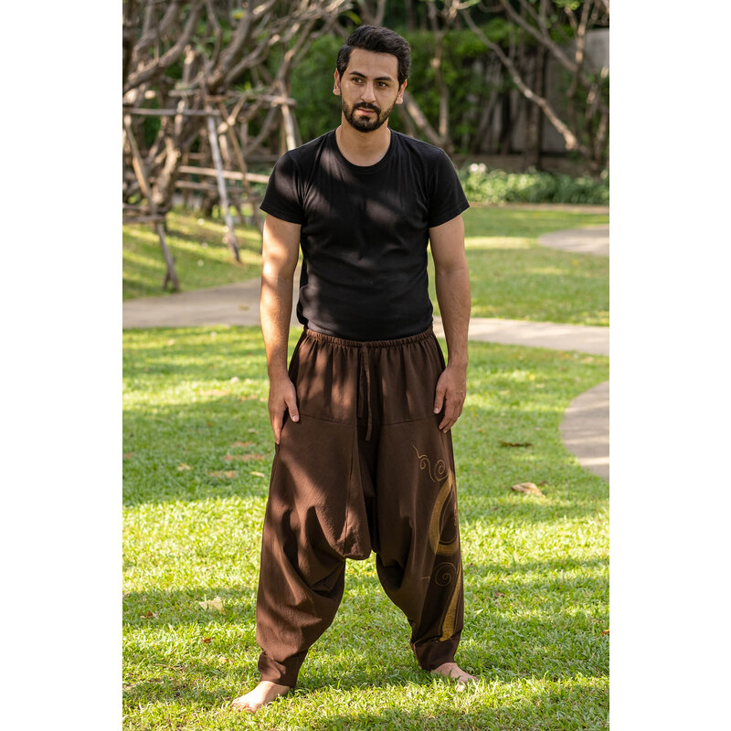 Calça Thai Calça tailandesa artesanal masculina marrom com bolso e