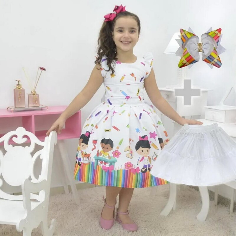 Kit Vestido festa infantil da Cinderela + saia de filó + Laço - Azul Claro