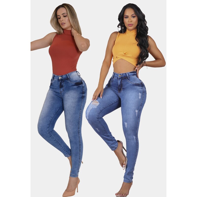 California Wear Kit 2 Calças Jeans Feminina Skinny Empina Bumbum