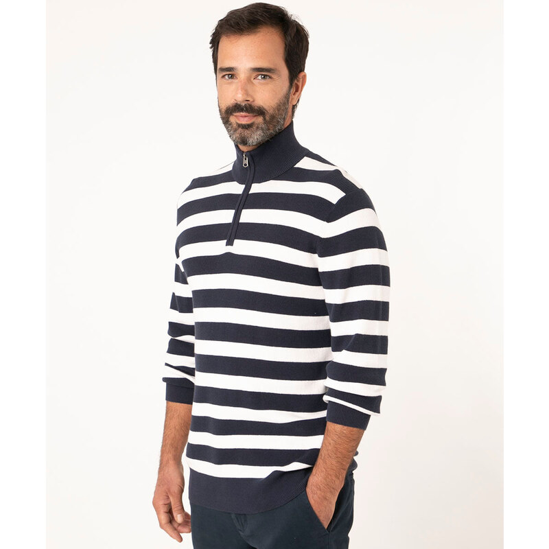 C&A suéter de tricô gola alta listrado com zíper azul marinho