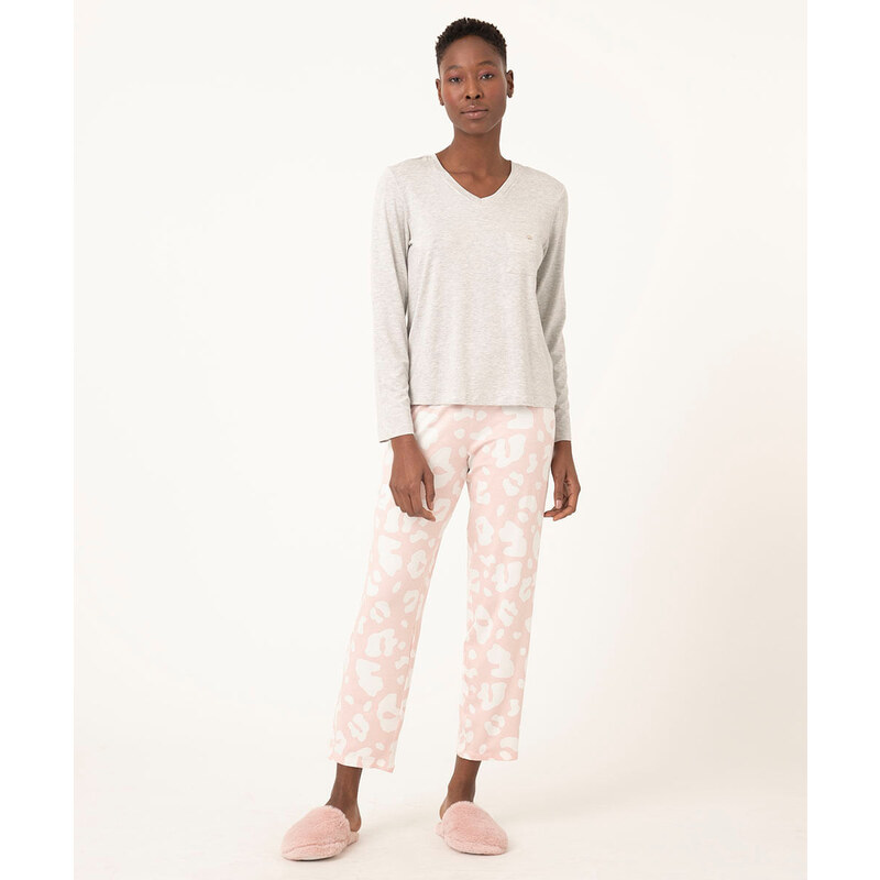 C&A pijama manga longa + calça animal print rosa claro
