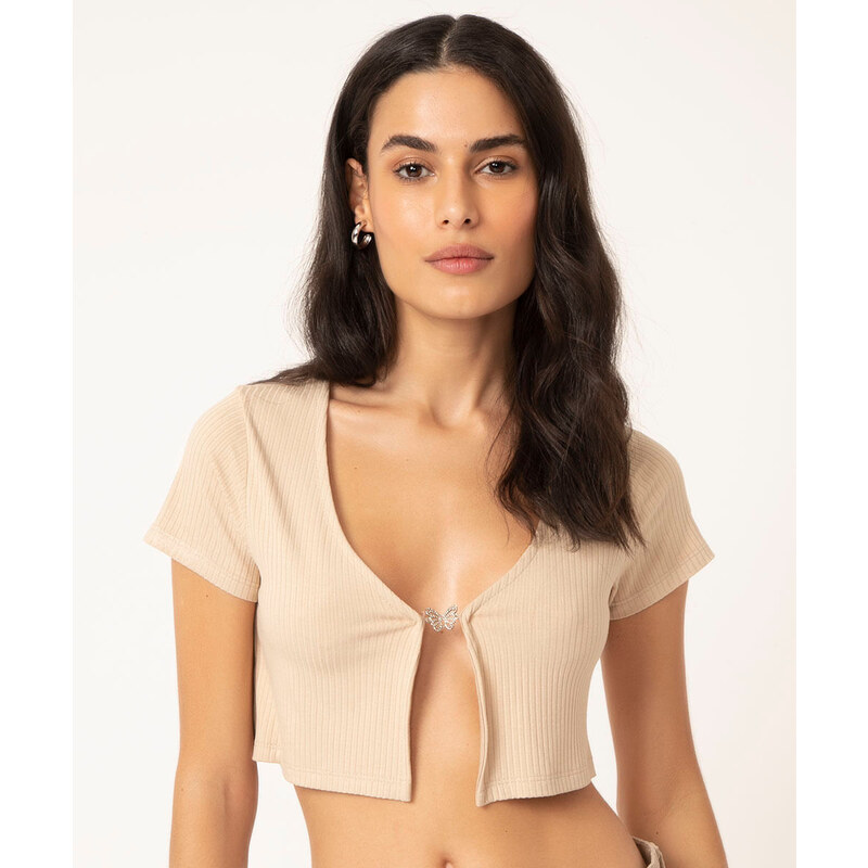 cropped halter neck canelado bege - C&A