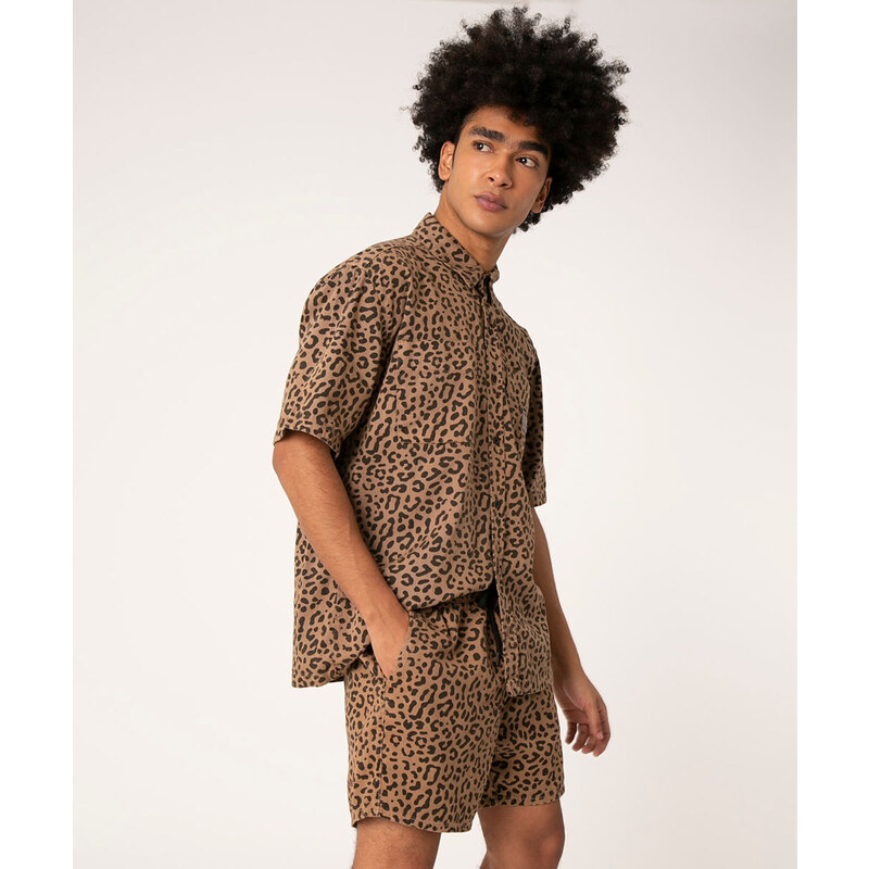 C A short de sarja animal print com cordao caramelo