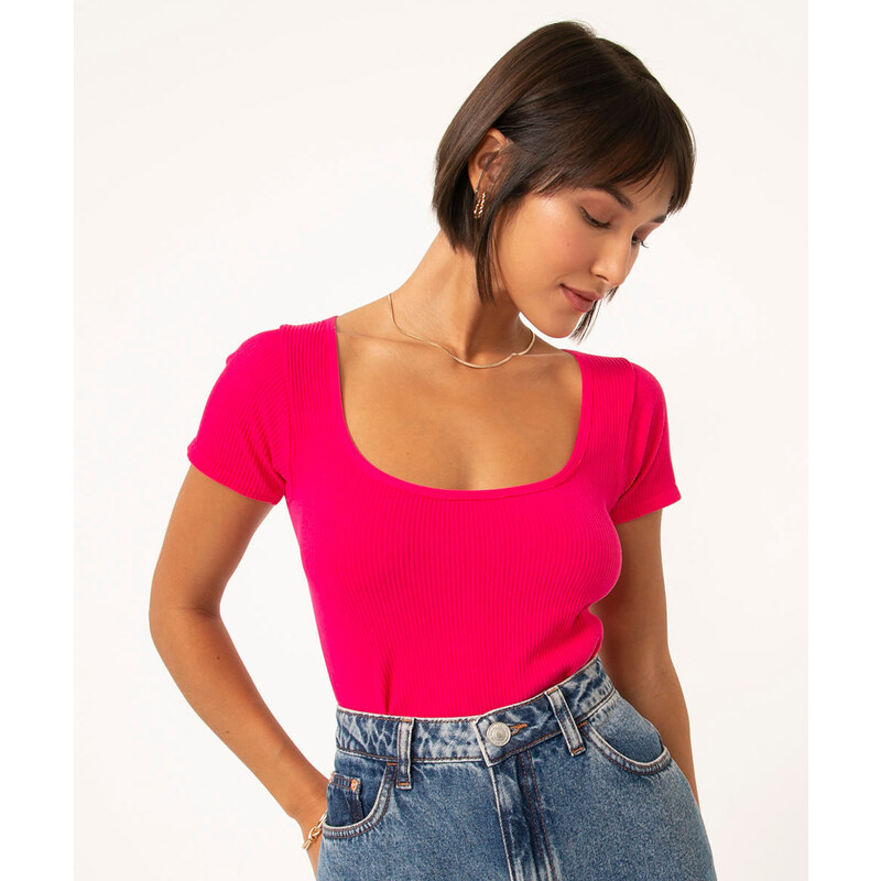 C&A blusa de poliamida decote redondo manga curta pink