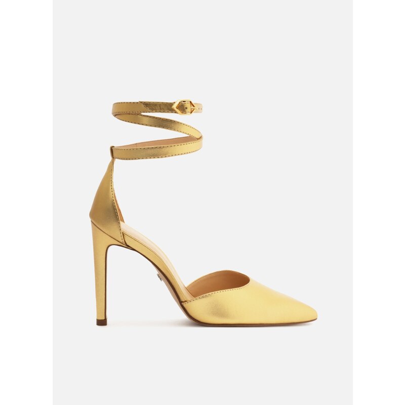 Scarpin Dourado Couro Salto Fino Tira Superior Emily Arezzo