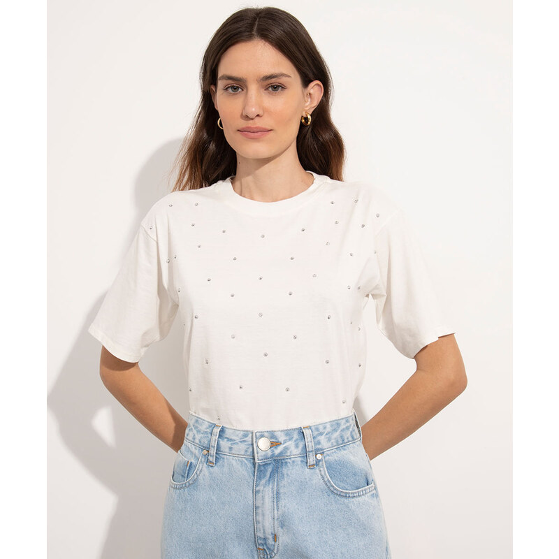 C&A camiseta de algodão com brilhos mindset off white