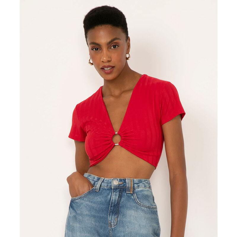 C&A Blusa Feminina Cropped Estampada Mini Print de Folhagem com Zíper de  Argola Manga Bufante Decote Coração Vermelha 