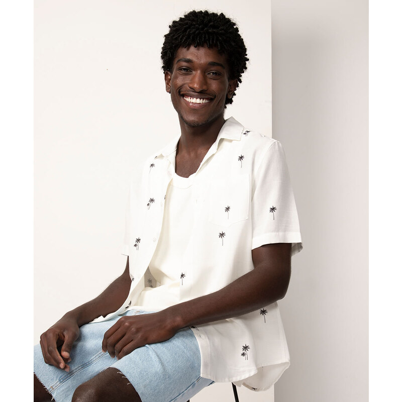 C&A camisa de algodão manga curta coqueiros com bolso branco