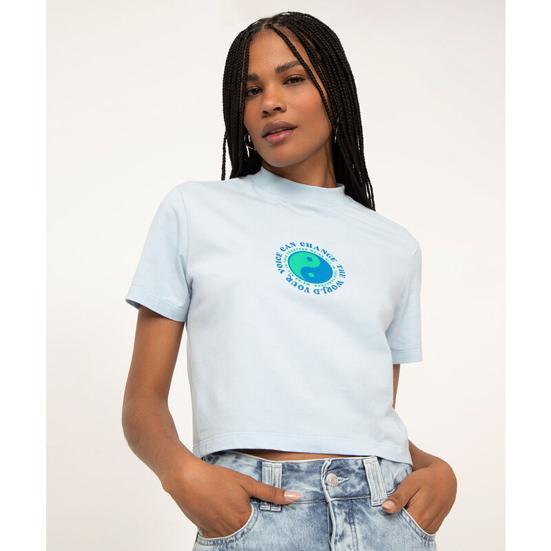 C&A camiseta de algodão ciclos cropped change the world azul claro