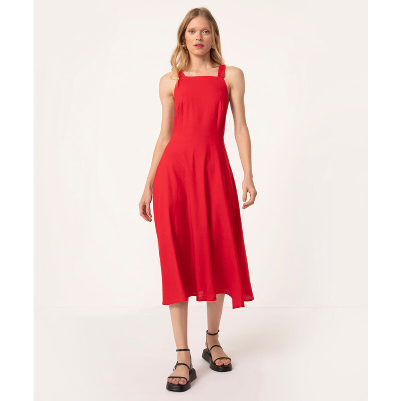 C&A vestido midi decote reto alça franzida vermelho