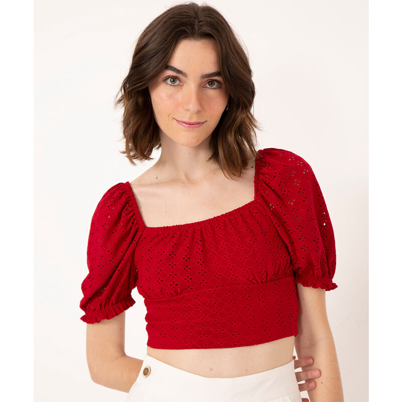 C&A Blusa Feminina Cropped Estampada Mini Print de Folhagem com Zíper de  Argola Manga Bufante Decote Coração Vermelha 