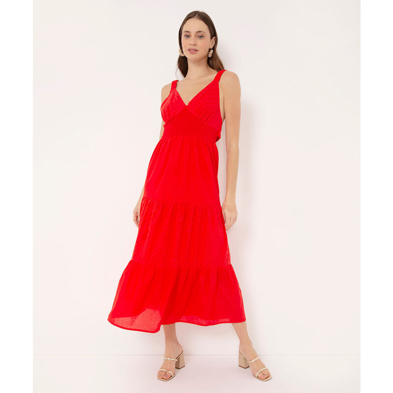 C&A vestido longo de laise com recortes decote v vermelho