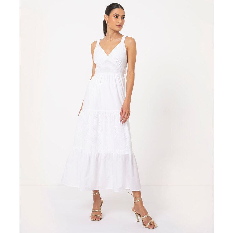 C&A vestido de algodão midi decote v off white