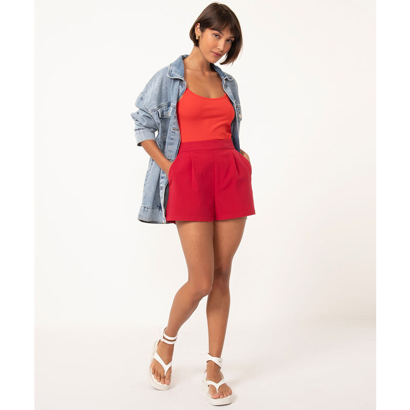 Short Feminino Alfaiataria Cintura Alta com Pregas