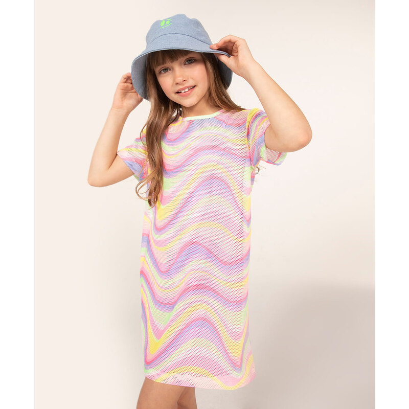 C&A vestido infantil em tela manga curta onda multicor
