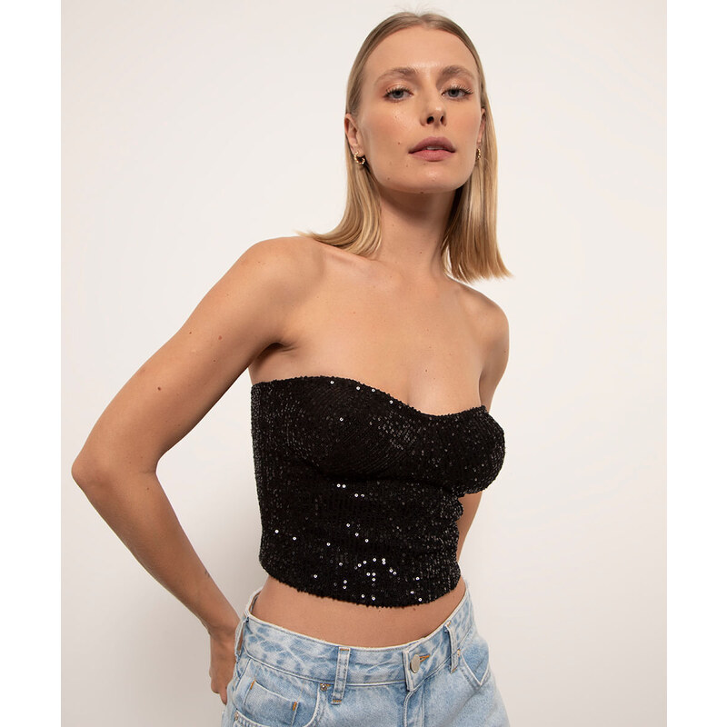 Top Corset Tecido Plano Feminino Dimy Preto 