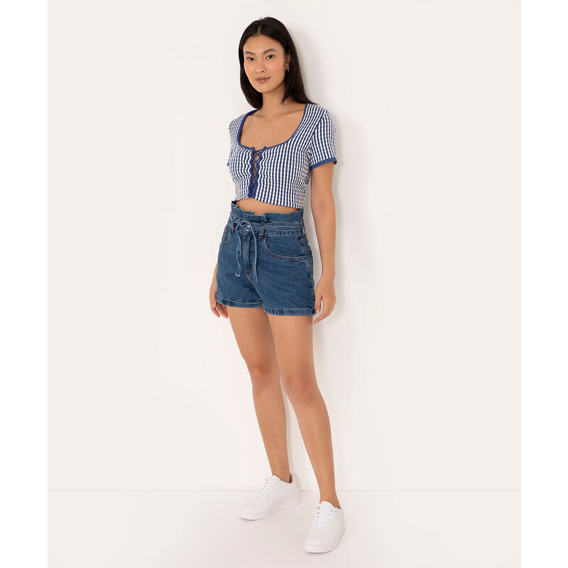 short mom jeans plus size destroyed cintura super alta azul médio azul  médio - C&A