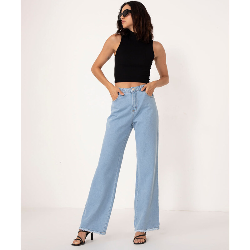 C&A calça jeans wide cintura alta sawary azul claro 