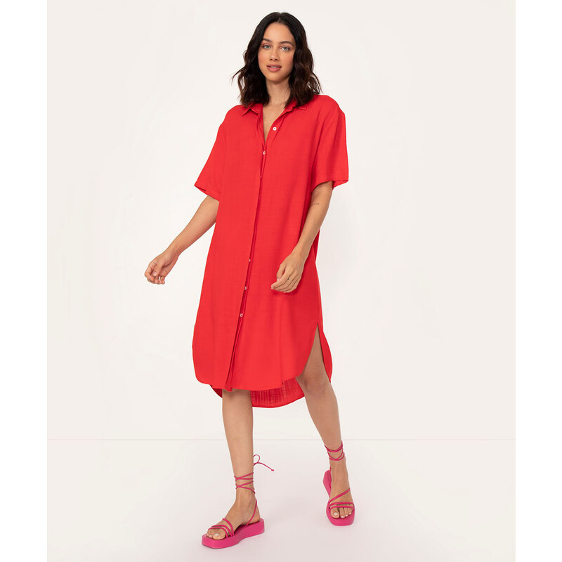 C&A vestido chemise midi manga curta vermelho