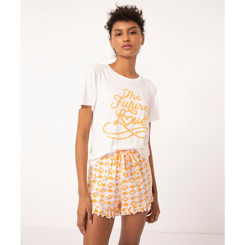C&A pijama manga curta corações com scrunchie laranja