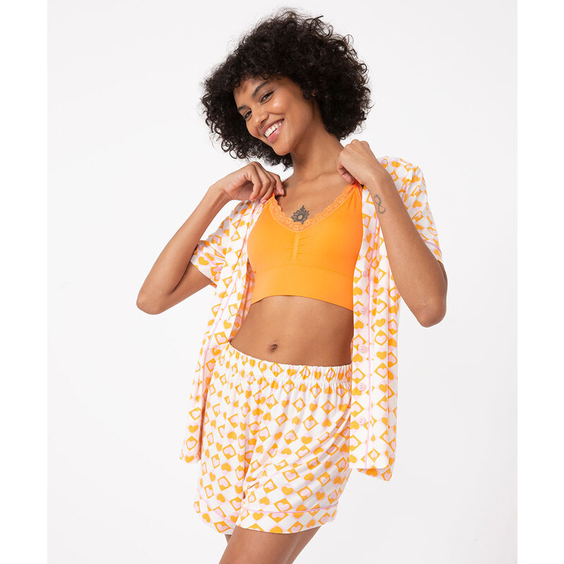 C&A pijama americano coração manga curta laranja