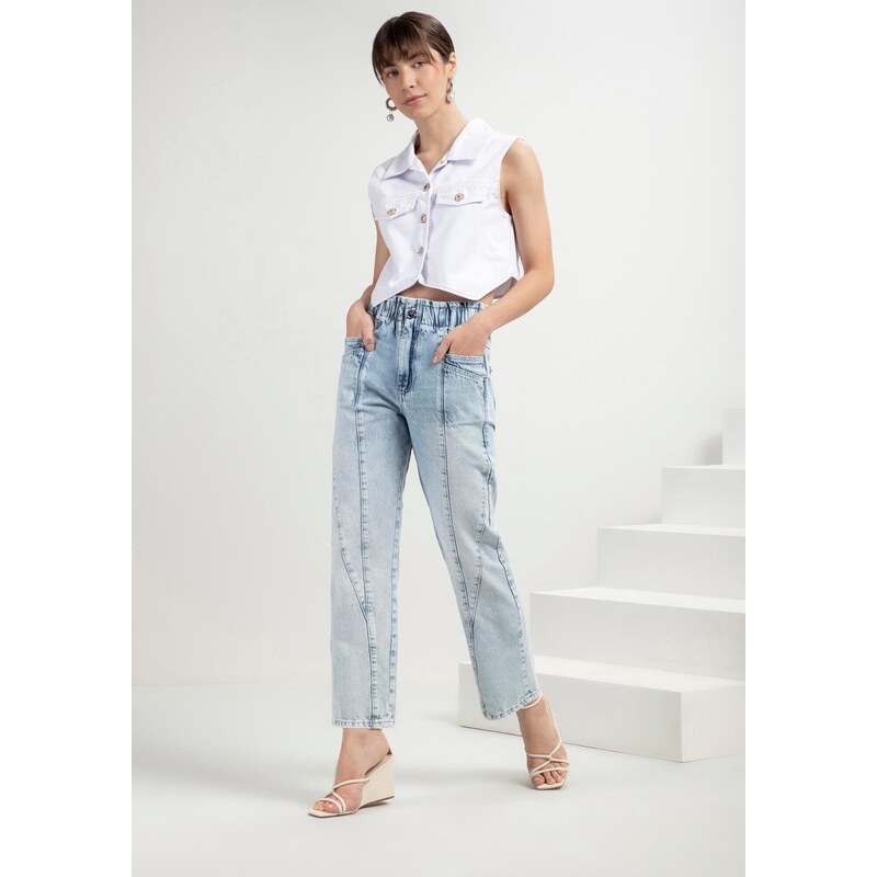 Calça Jeans Mom Super Alta com Elástico Cós