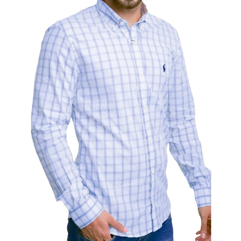 Polo Ralph Lauren Camisa Ralph Lauren Masculina Custom Xadrez Check Points  Azul Branca 