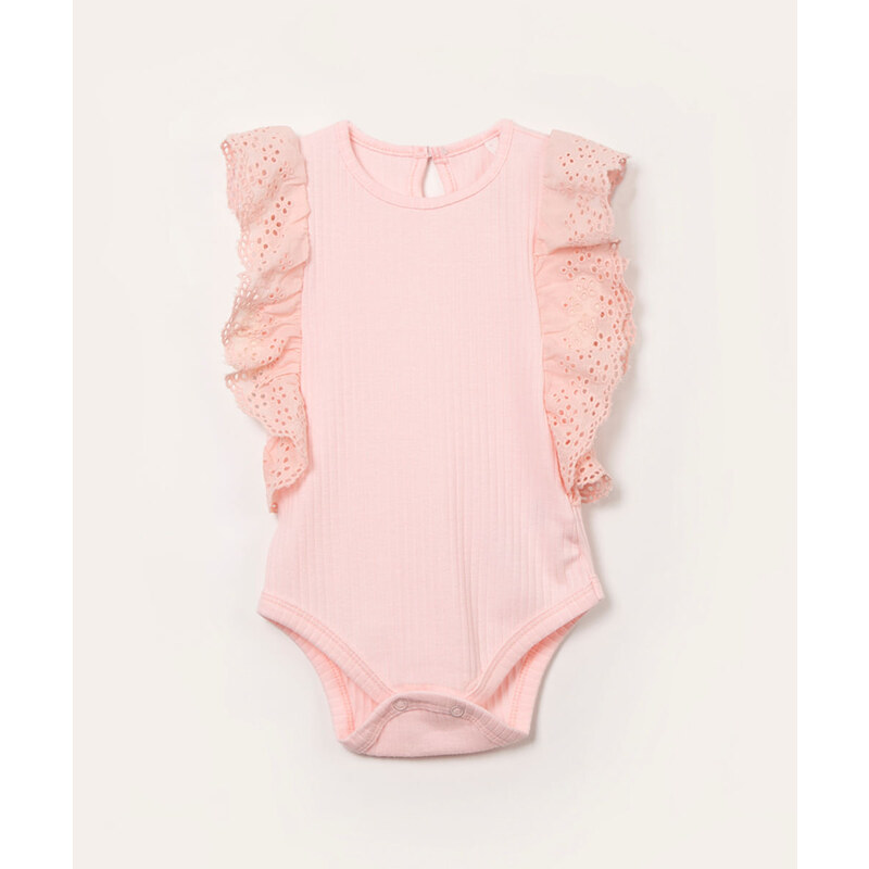 C&A body infantil de algodão manga em laise rosa