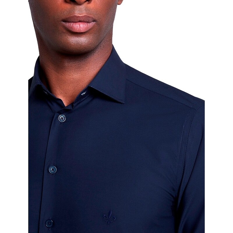 Camisa Dudalina Masculina Slim Tricoline Lisa Stretch Azul Marinho 