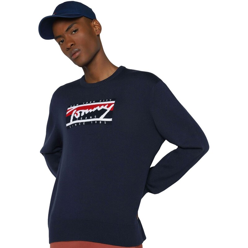Suéter Tommy Jeans Masculino C-Neck Graphic Flag Sweater Azul Marinho