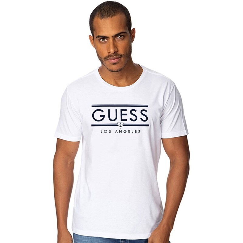 Camiseta Guess Masculina Duo Stripes Logo Branca GLAMI .br