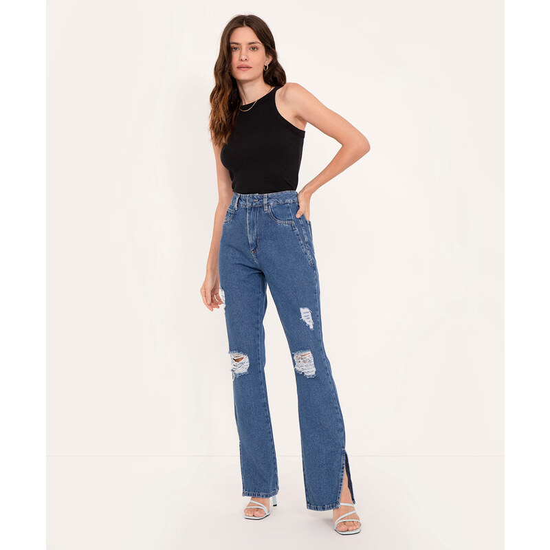 C&A calça jeans flare destroyed cintura super alta sawary azul escuro