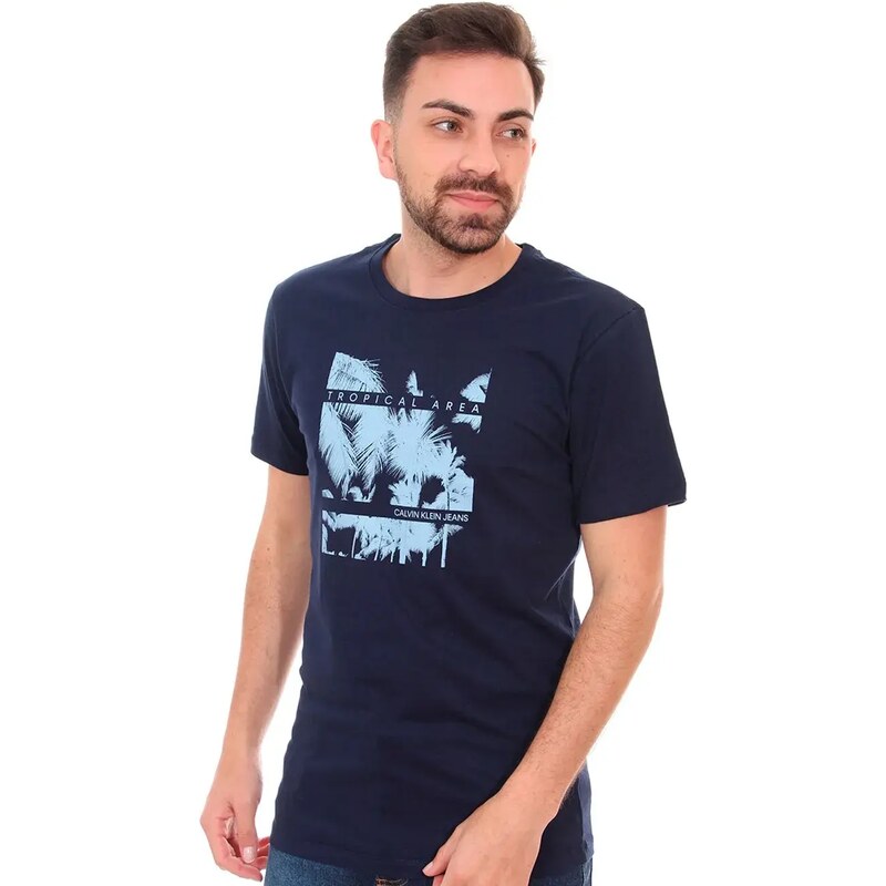 Camiseta Calvin Klein Masculina Tropical Area Azul Marinho 