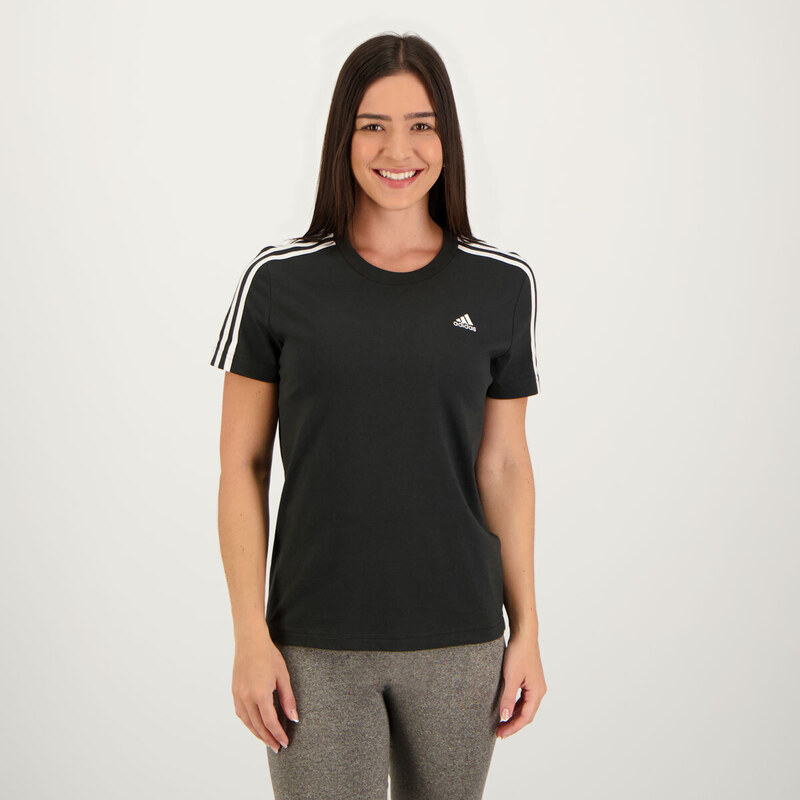 Camiseta Adidas Essentials 3 Listras Branca e Preta - FutFanatics