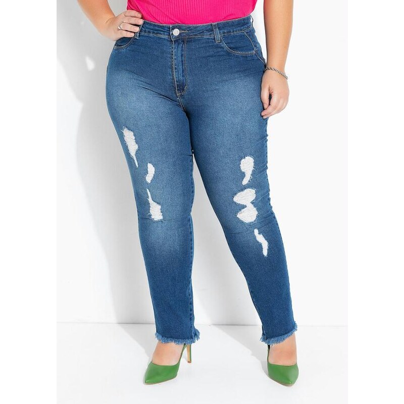 Calça jeans feminina plus size cigarrete stretch azul