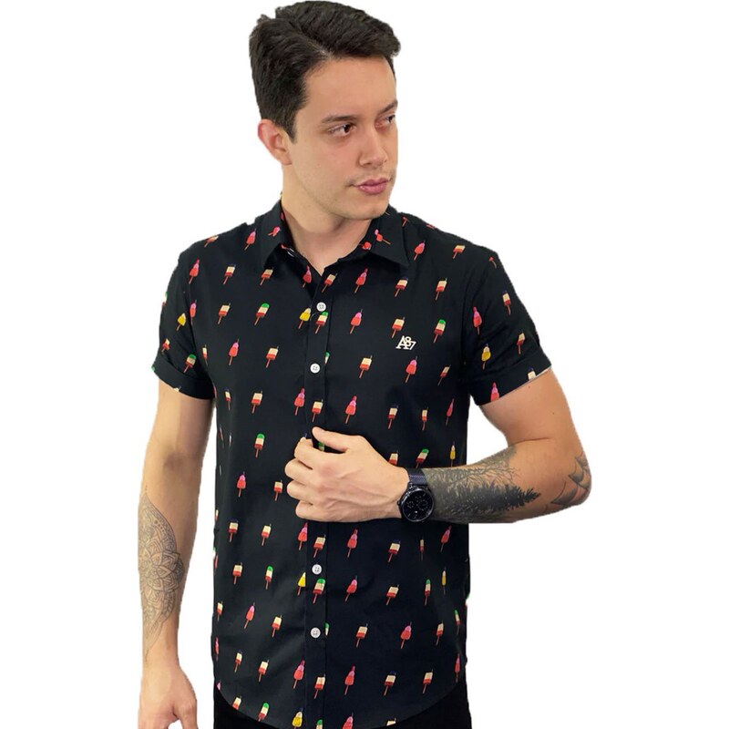 Camisa Aeropostale Masculina Manga Curta Popsicle Pattern Preta