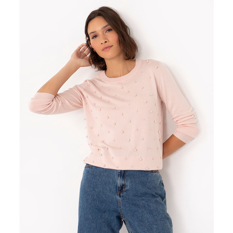 C&A suéter de tricô com pérolas rosa