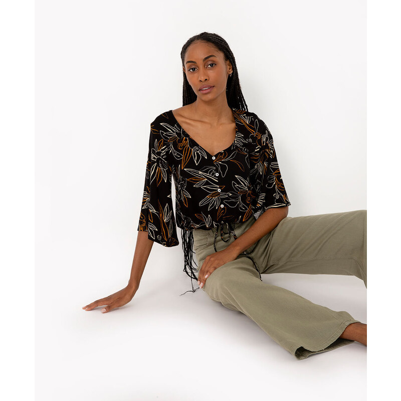 C&A blusa de malha floral com botões e cordão manga ampla preto