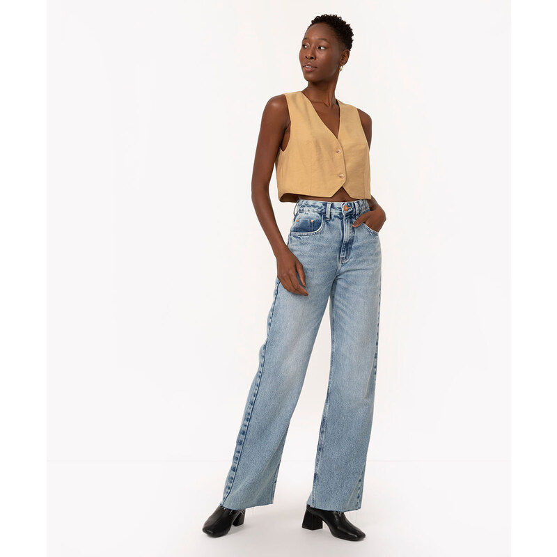 C&A calça jeans wide slim cintura super alta azul médio