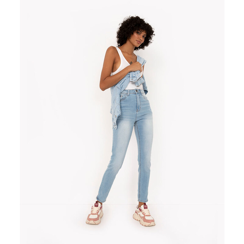 C&A calça jeans skinny cintura super alta com fenda azul claro